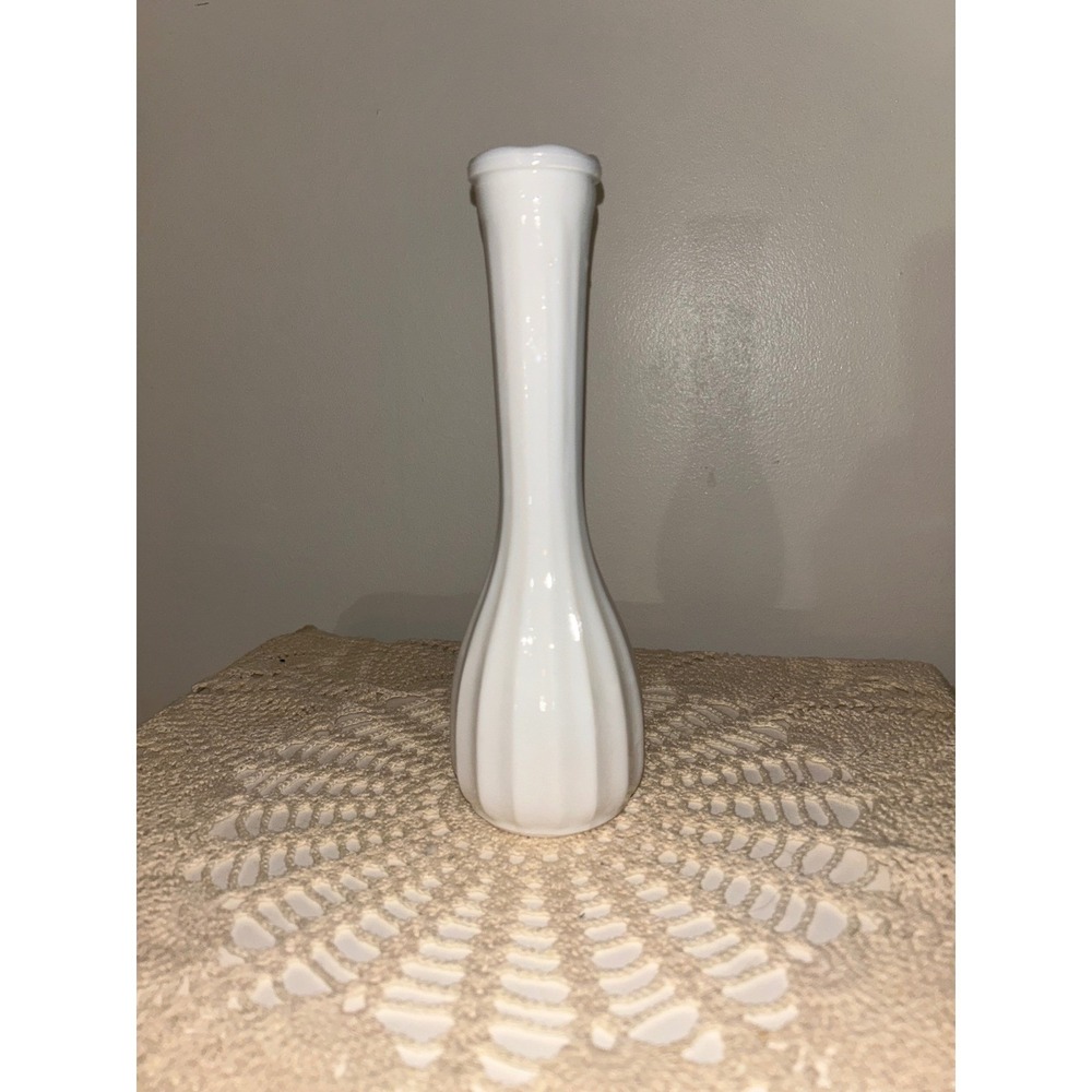 Vintage White Milk Glass Bud Vase Ribbed Paneled Base Scalloped Rim 9 Inch